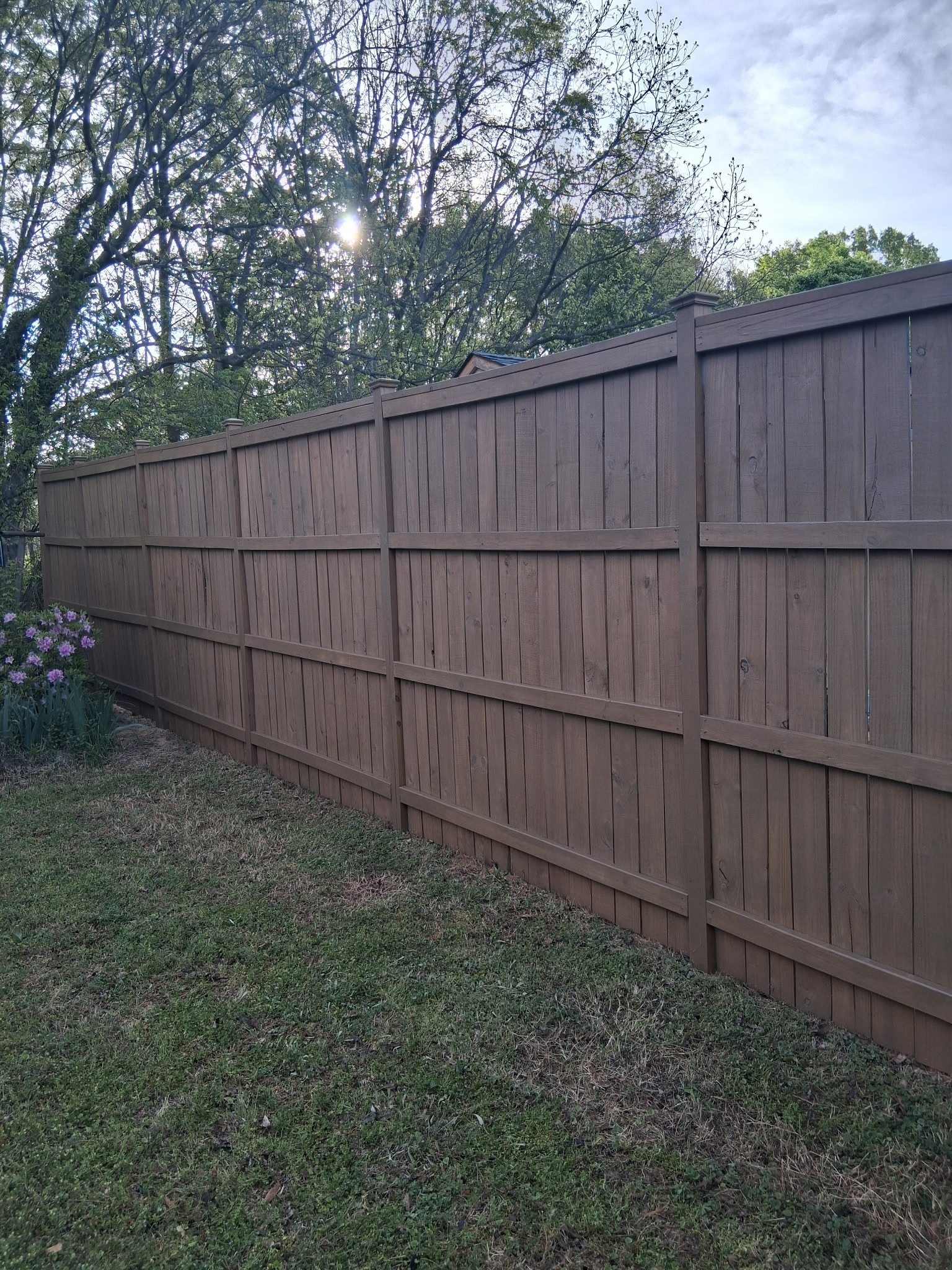 Wood privacy fence stained dark brown — deck restoration by Roca’s Painters of Mebane, NC